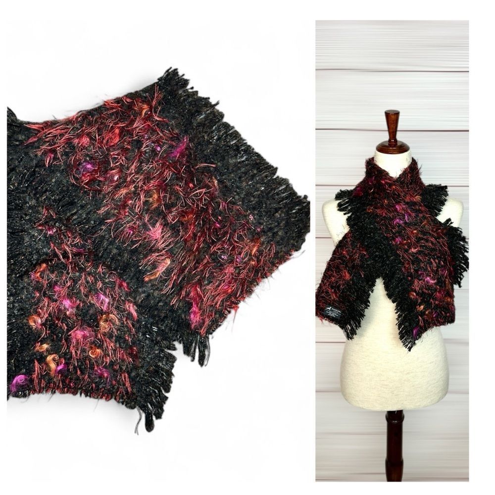 NWOT Mohair Scarf Zazou Luxe Black Burgundy Soft Fancy Yarn made in France